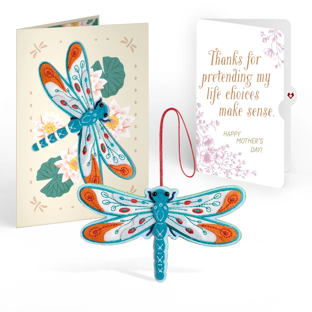 Lovepop Peaceful Dragonfly Mother’s Day HeartFelt Charm Card and Delicate Sketch Floral Sentiment Set for Mom Cream