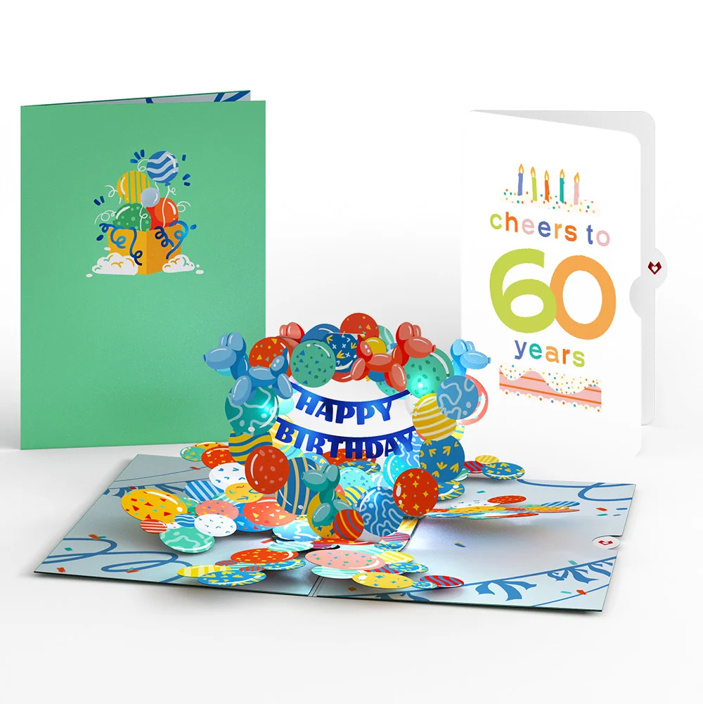 Lovepop Happy 60th Birthday Balloons Music and Lights Pop-Up Card and Confetti Cake Sentiment Set Candle