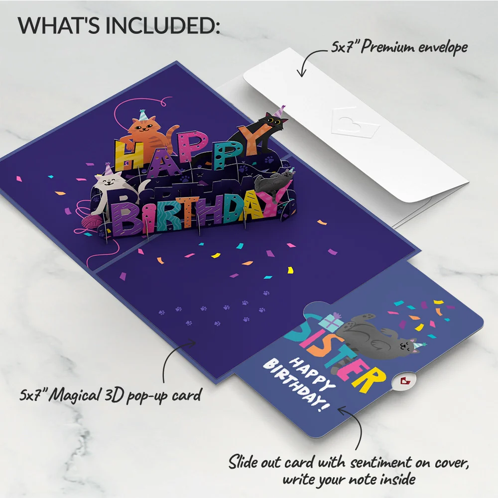 Lovepop Happy Birthday Cats Pop-Up Card and Sentiment Set for Sister - Image 2