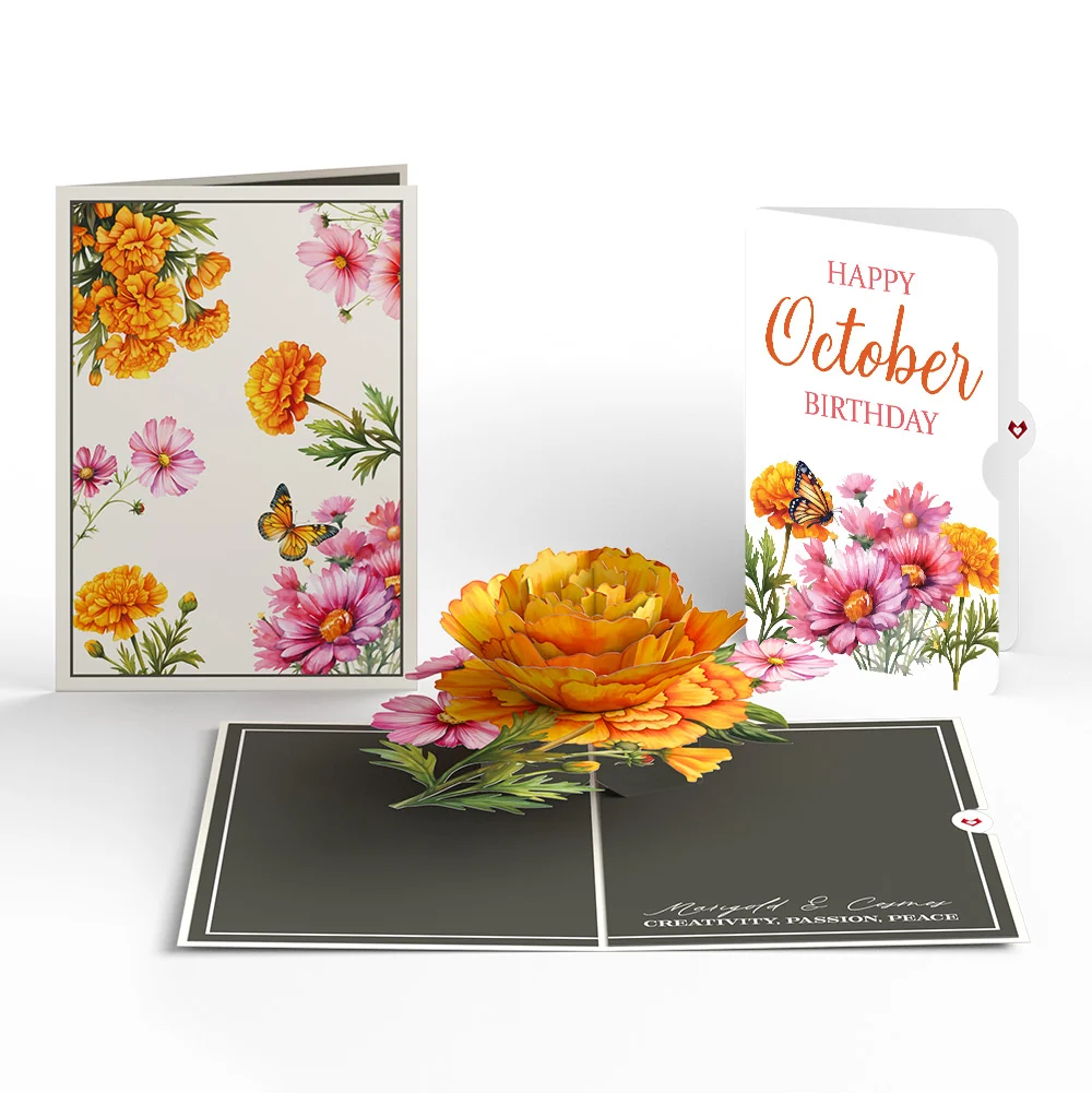 Lovepop Born to Bloom: October Birth Month Flowers Pop-Up Card and Marigold & Cosmos Sentiment Set Cream