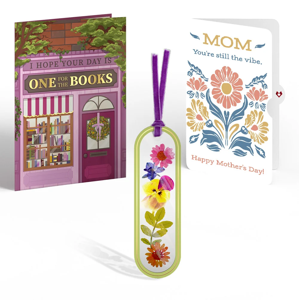 Lovepop One for the Books Mother’s Day Petal Pressed Bookmark Card and Folk Art Bloom Sentiment Set for Mom