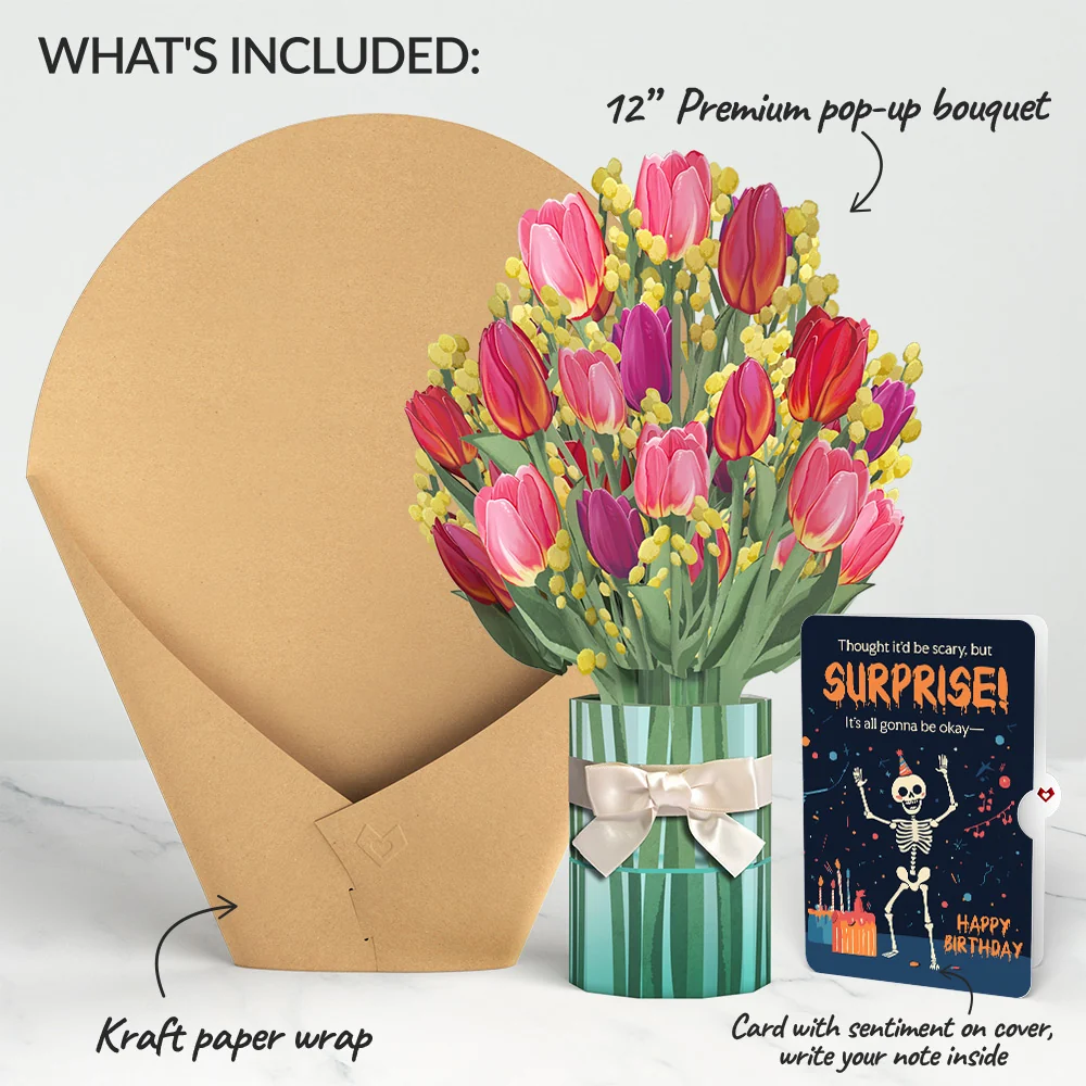 Lovepop Cheerful Tulips Birthday Bouquet and Surprise Skeleton Sentiment Set Vase - Image 2
