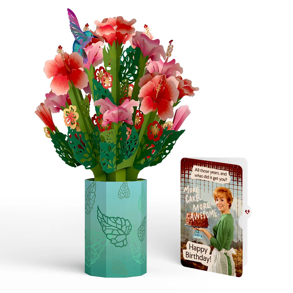 Lovepop Hibiscus Birthday Bouquet and More Cake More Awesome Sentiment Set Vase