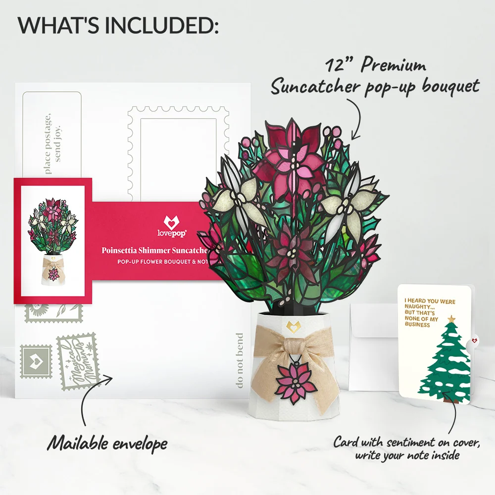 Lovepop Poinsettia Shimmer Christmas Suncatcher Bouquet and Funny Tree Sentiment Set Glass - Image 2