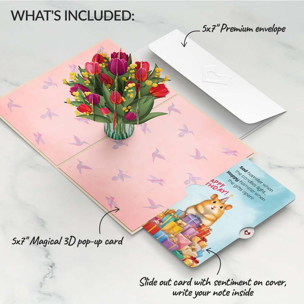 Lovepop Cheerful Tulips Birthday Pop-Up Card and Happy Hamster Sentiment Set Vase - Image 2