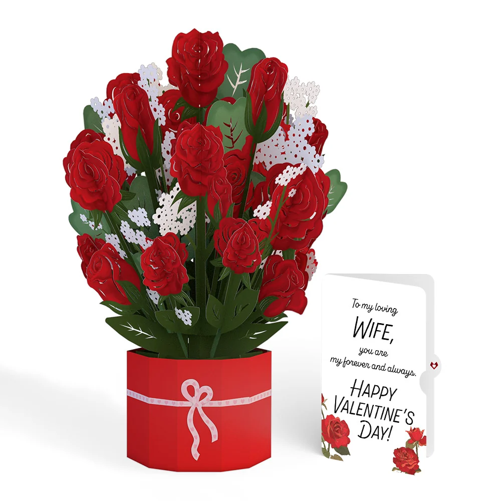Lovepop Red Rose Valentine Grand Bouquet and Roses Sentiment Set for Wife Vase