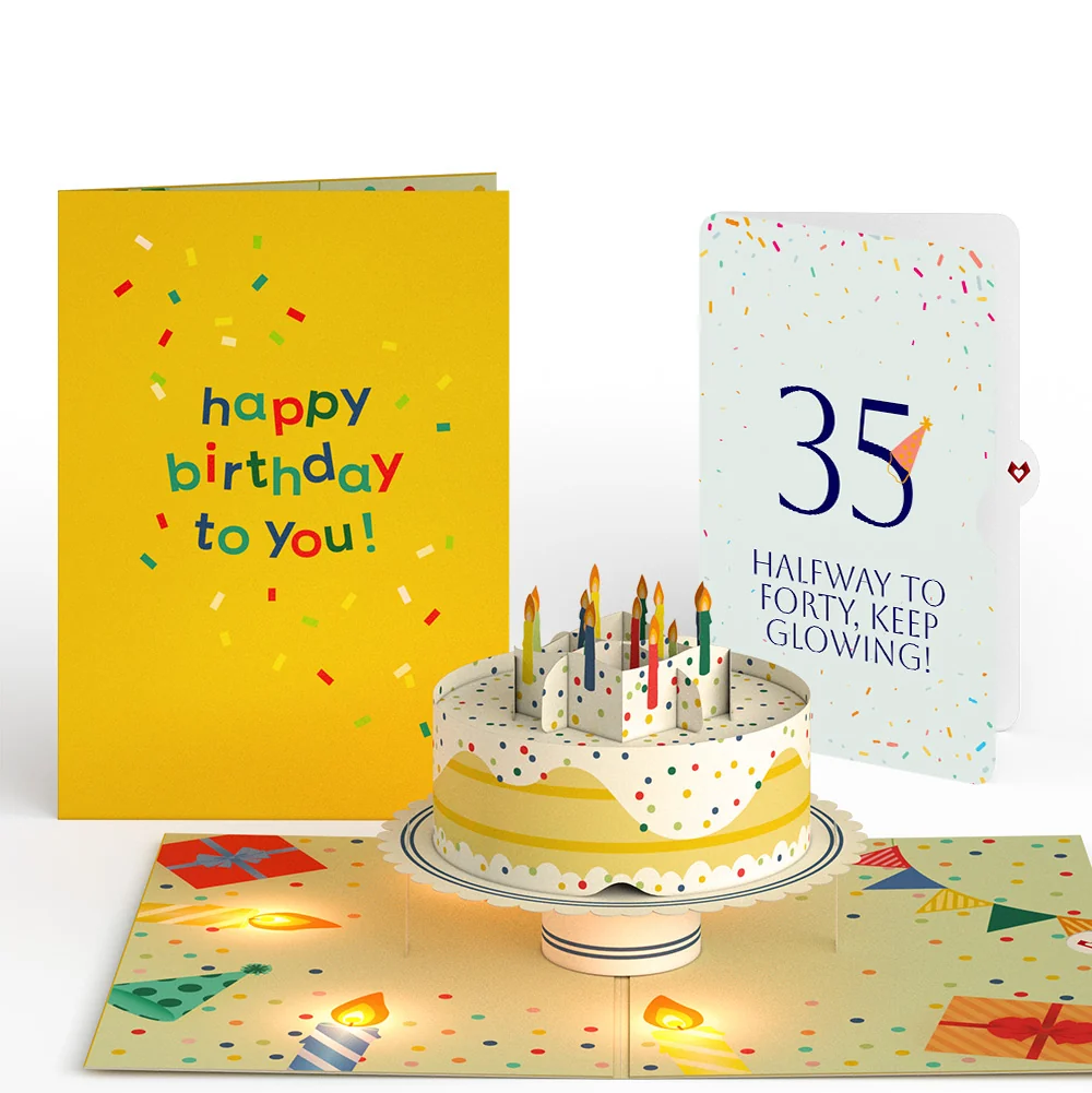 Lovepop Happy 35th Birthday Confetti Cake Music and Lights Pop-Up Card and Party Hat Sentiment Set Candle