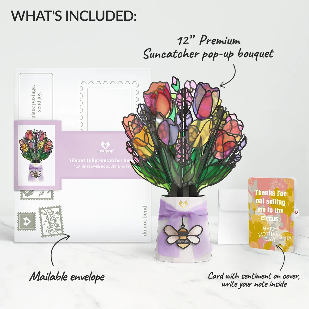 Lovepop Vibrant Tulip Mother’s Day Suncatcher Bouquet and Playful Painted Bloom Sentiment Set for Mom Glass - Image 2