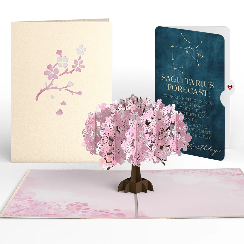 Lovepop Cherry Blossom Birthday Pop-Up Card and Sagittarius Zodiac Sentiment Set Cream