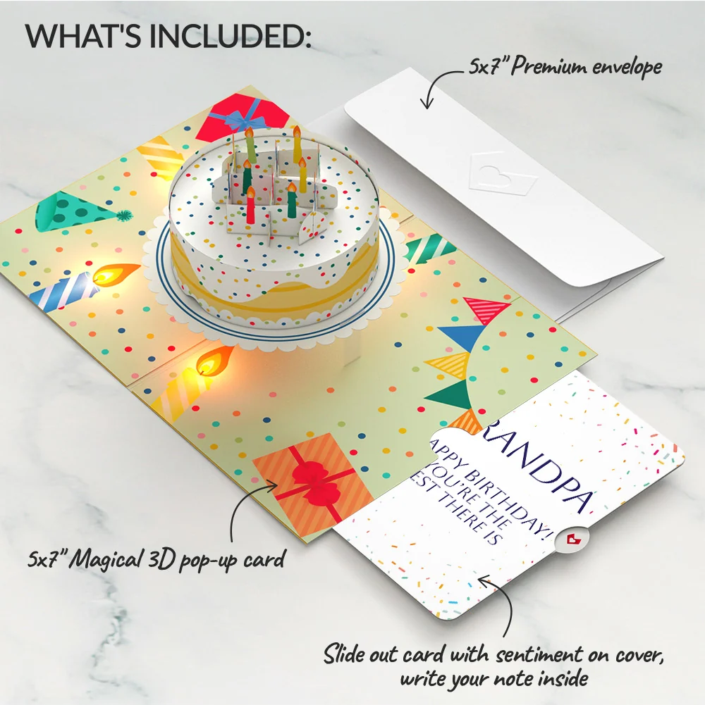 Lovepop Happy Birthday Confetti Cake Music and Lights Pop-Up Card and Sentiment Set for Grandpa Candle - Image 2